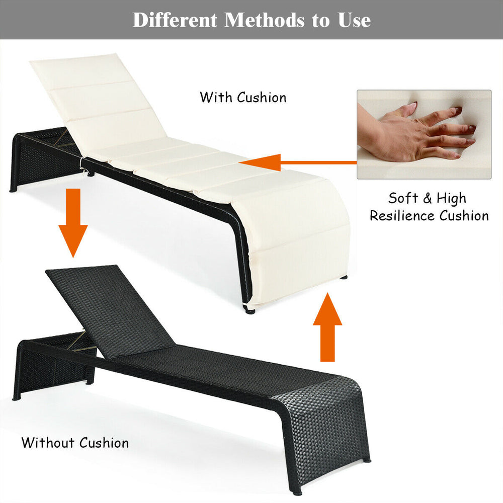 Adjustable patio rattan lounge chair shown with and without cushion, featuring a sturdy steel frame for outdoor use.