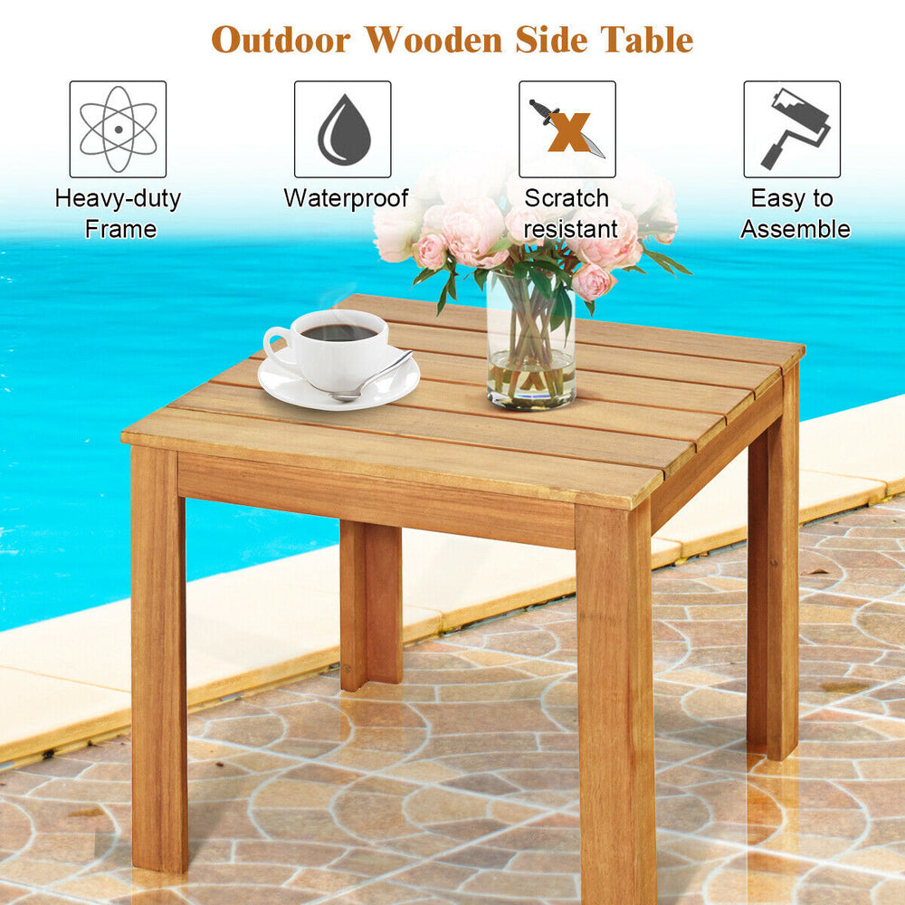 Wooden square patio coffee bistro table made of acacia wood, waterproof and scratch-resistant, ideal for outdoor use.