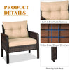 Beige cushion outdoor patio chair with durable PE rattan, sturdy steel frame, and non-slip foot pads for backyard.