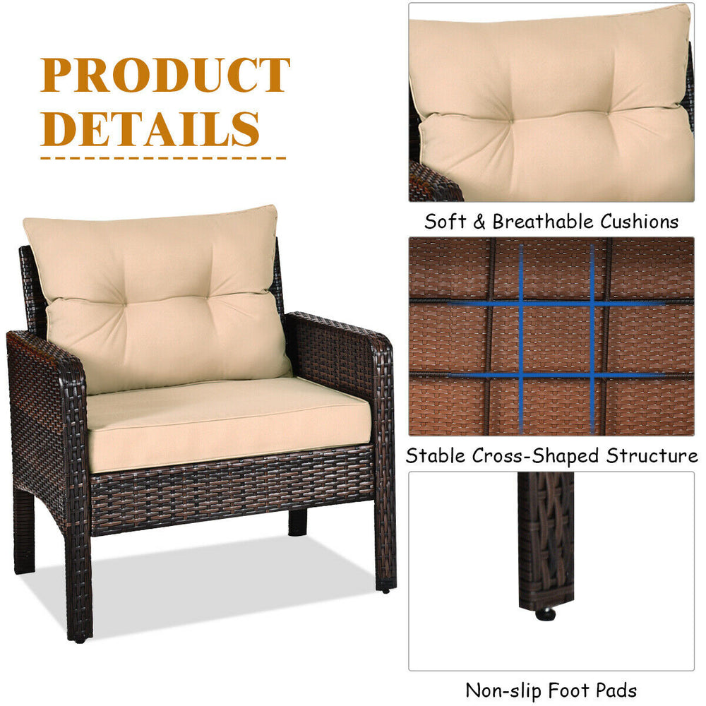 Beige cushion outdoor patio chair with durable PE rattan, sturdy steel frame, and non-slip foot pads for backyard.