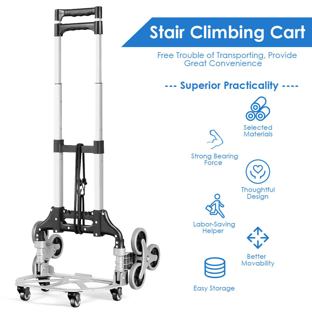 Portable folding stair climbing hand truck featuring a durable aluminum alloy frame and elastic rope for secure.