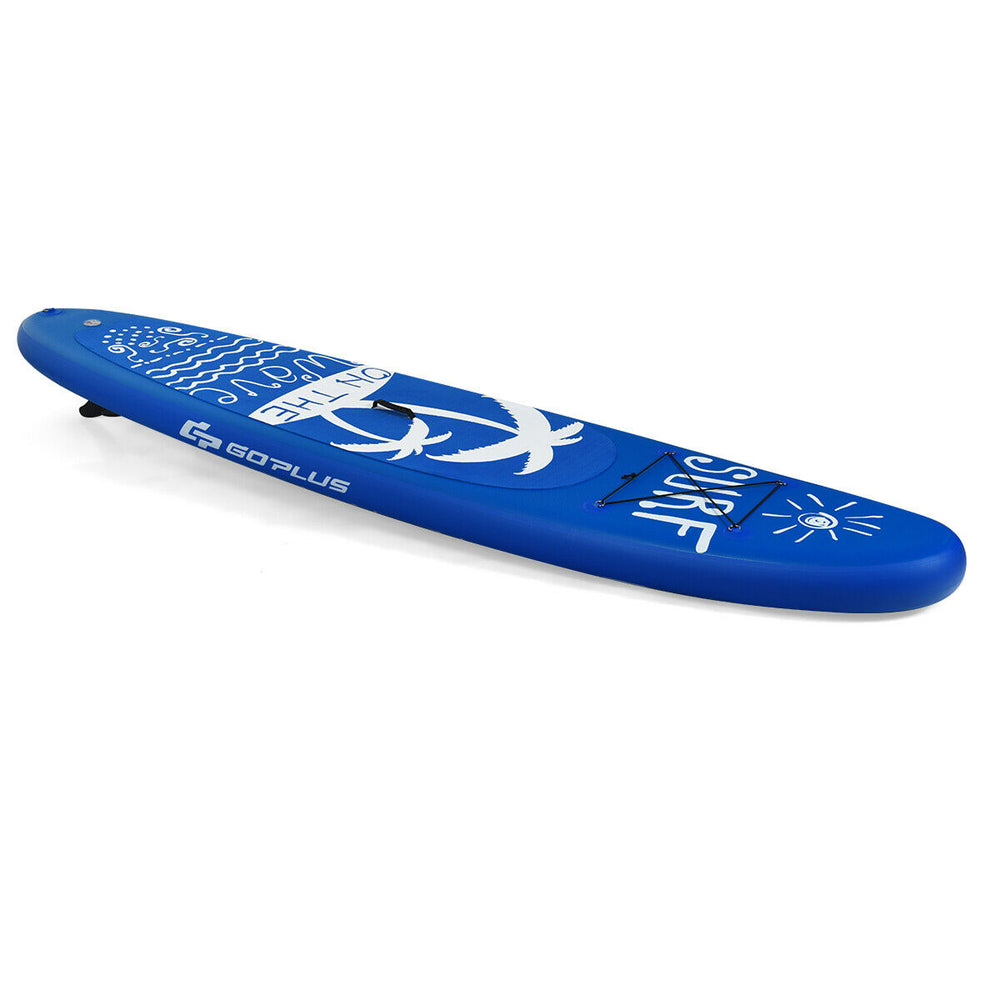 Inflatable stand up paddle board in blue with non-slip deck, adjustable paddle, and 3 fins for stability and speed.