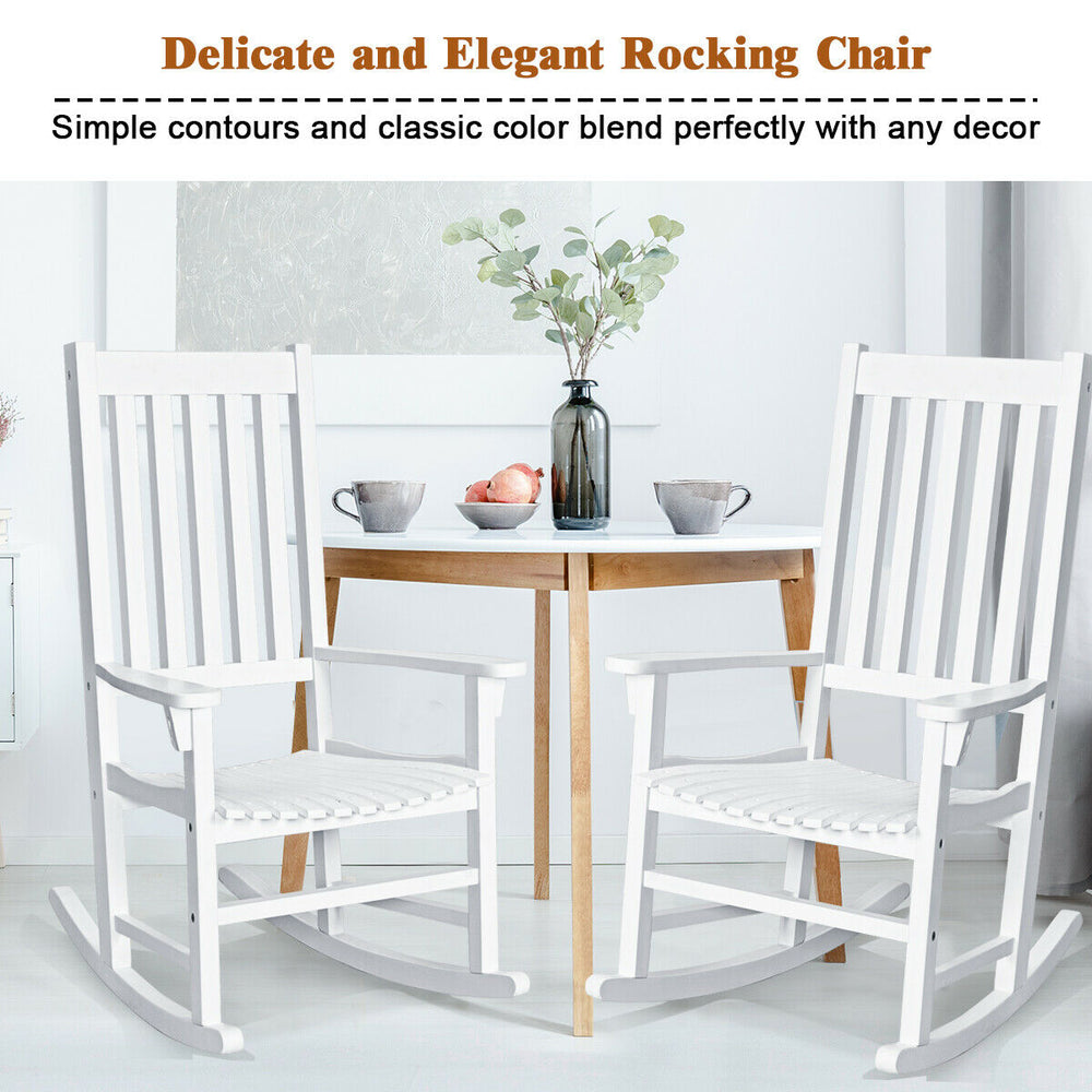 White wooden high back rocking chair with contoured seat and widened armrests, perfect for indoor and outdoor use.