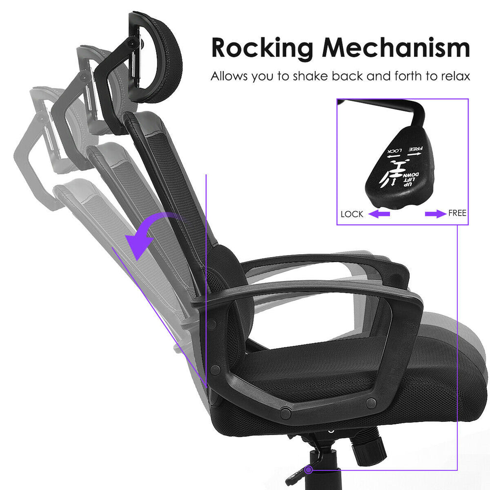 High back mesh office chair with rocking mechanism, adjustable headrest, and breathable design for ultimate comfort.