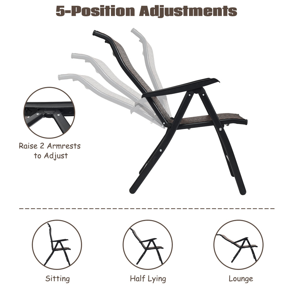 Folding rattan reclining chair with 5 adjustable positions, durable PE rattan, ideal for patio and outdoor relaxation.