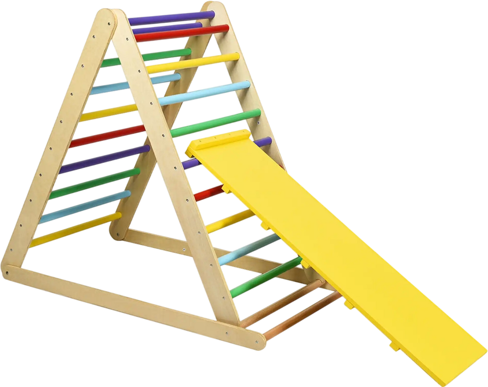 Foldable wooden climbing triangle with colorful rungs and slide, designed for indoor play and improving kids' sports.