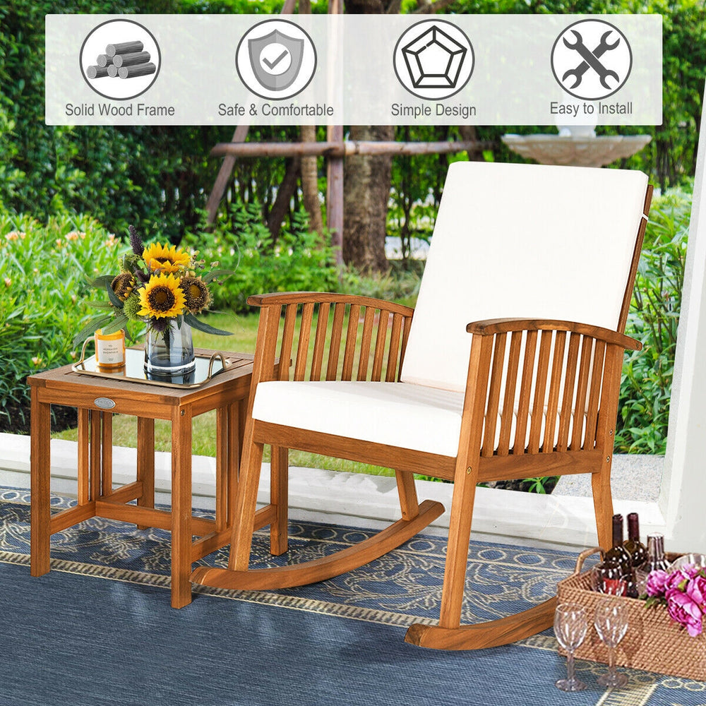 Acacia wood rocking chair with ergonomic armrests and thick cushion, ideal for relaxing on the patio or balcony.