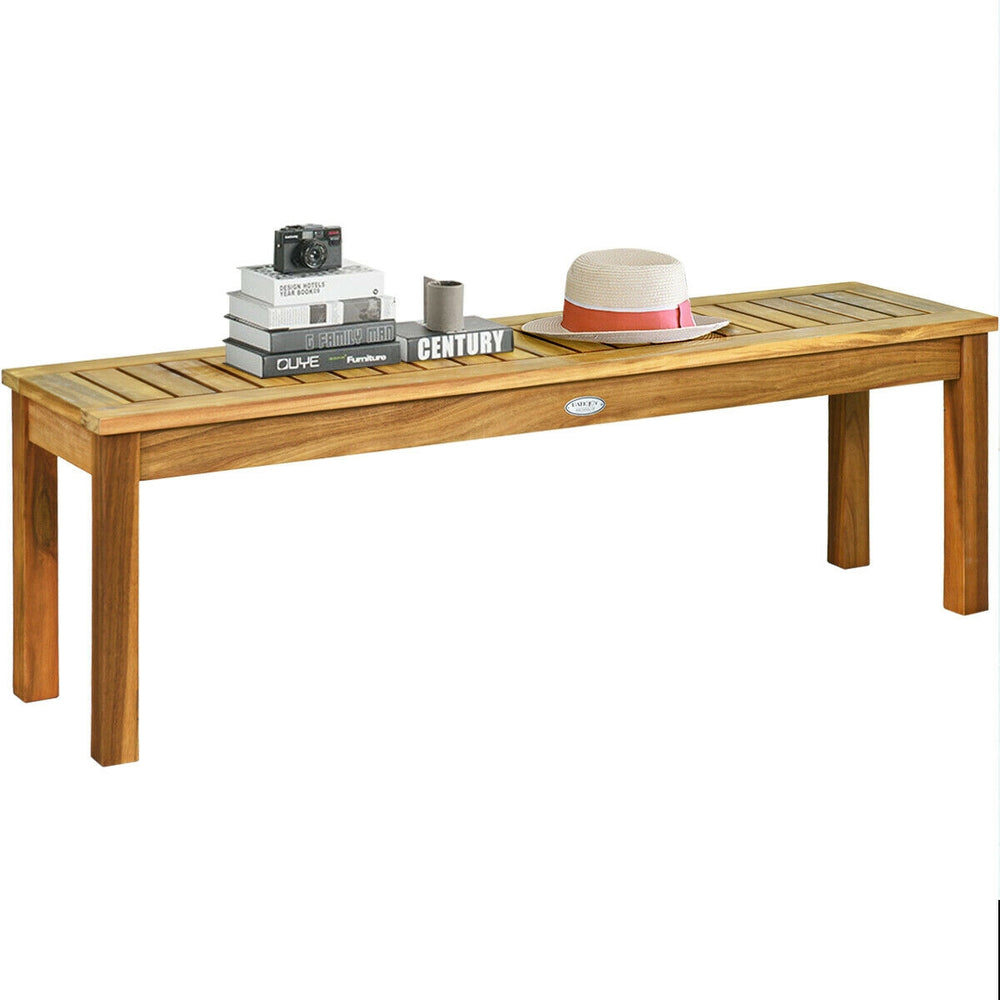 Acacia wood dining bench with hollow slat design, suitable for outdoor use, providing comfortable seating for three.