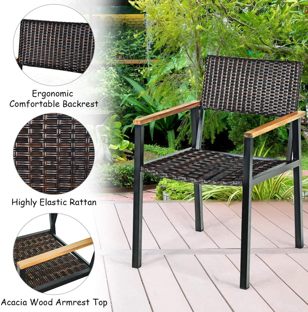 Rattan dining chair with acacia wood armrests, featuring ergonomic backrest for outdoor comfort and stability.
