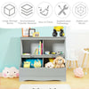 Kids floor cabinet in gray with 2 cubbies and 2 bins, made from eco-friendly MDF, perfect for organizing toys and books.