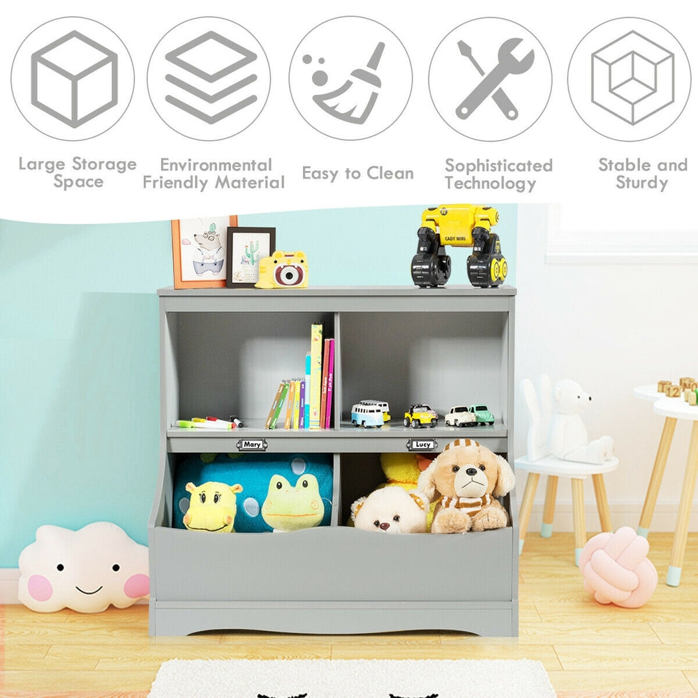 Kids floor cabinet in gray with 2 cubbies and 2 bins, made from eco-friendly MDF, perfect for organizing toys and books.