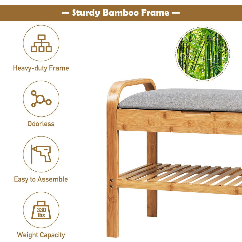 Bamboo shoe rack bench with storage shelf, sturdy frame, ergonomic height, suitable for entryway or hallway use.