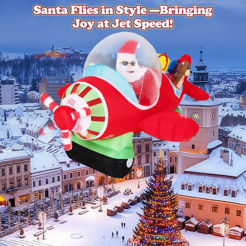 7.2 feet inflatable airplane with Santa, bear, and gift boxes, featuring LED lights for festive outdoor displays.