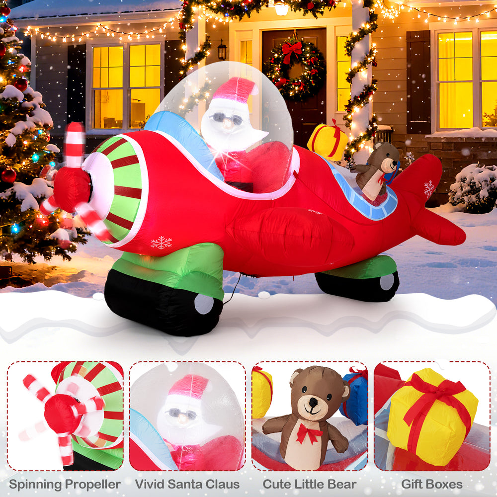 Christmas inflatable airplane featuring Santa Claus, bear, and gift boxes, made of weather-resistant fabric with LED.