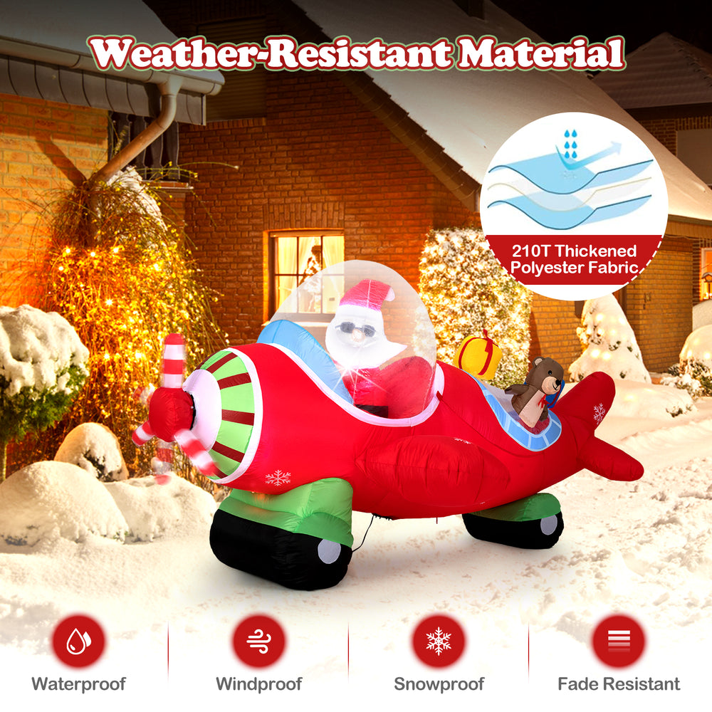 7.2 feet Christmas inflatable airplane featuring Santa, a bear, and gift boxes, made of weather-resistant polyester.