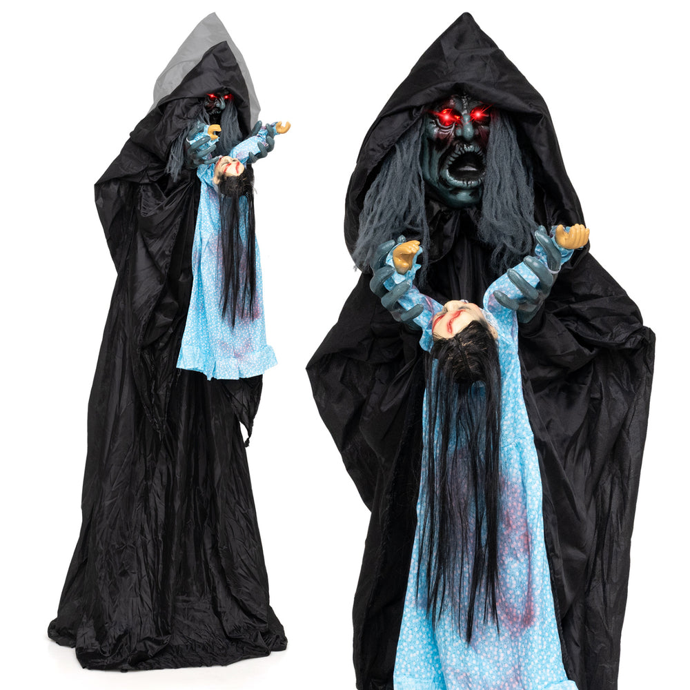 Animated 7.2 ft Halloween Soul Sucker decoration features red flashing eyes and a moaning sound for spooky effects.