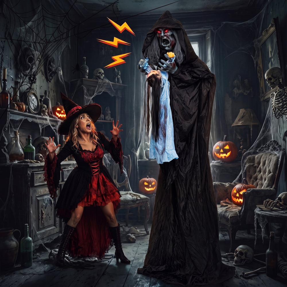 The 7.2 ft Animated Halloween Soul Sucker Decoration features red flashing eyes and an eerie moaning sound for spooky ambiance.