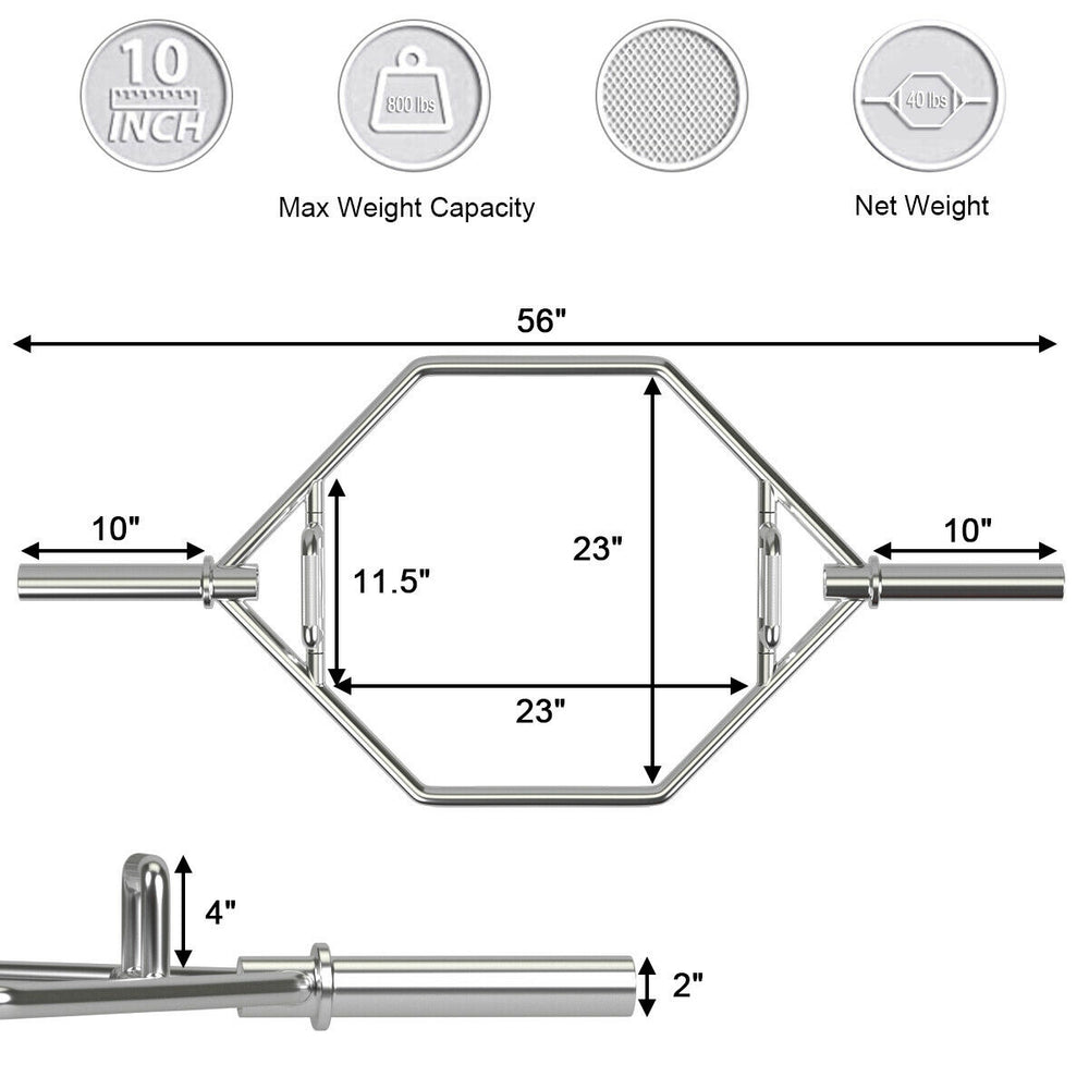 56-inch Olympic hexagon deadlift trap bar with chrome finish, dual knurled grips, and 800 lbs weight capacity for.