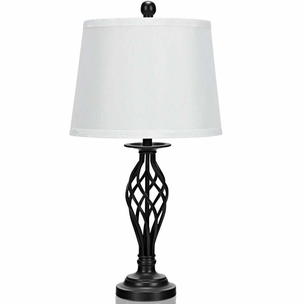 Black metal table lamp with white fabric shade, ideal for traditional decor, perfect for bedroom or living room use.