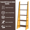 5-tier leaning bookshelf with a trapezoidal steel frame and durable particle board, perfect for stylish home storage.