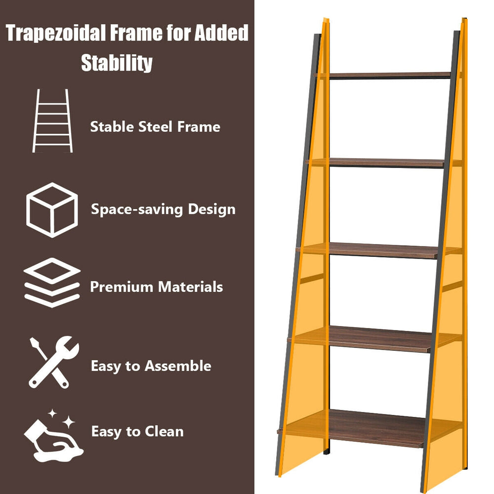 5-tier leaning bookshelf with a trapezoidal steel frame and durable particle board, perfect for stylish home storage.