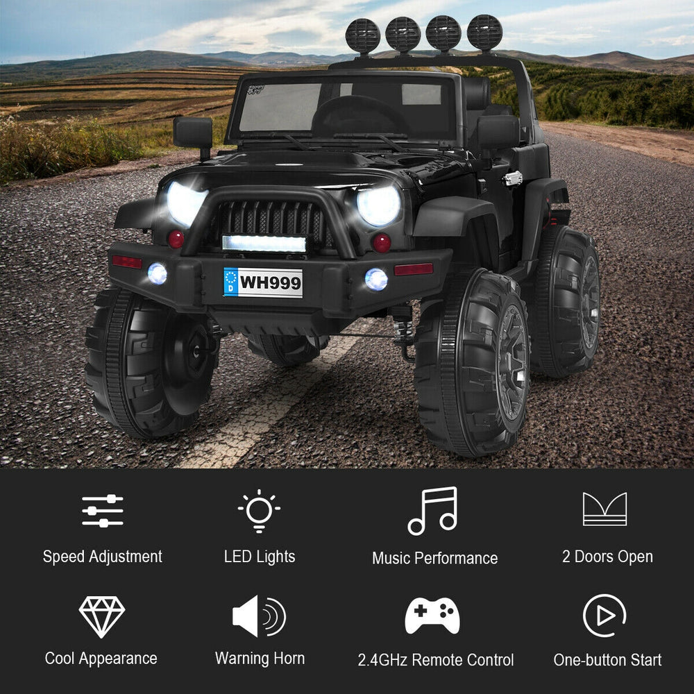 Black 12V kids ride-on truck with remote control, LED lights, and double magnetic doors for fun outdoor adventures.