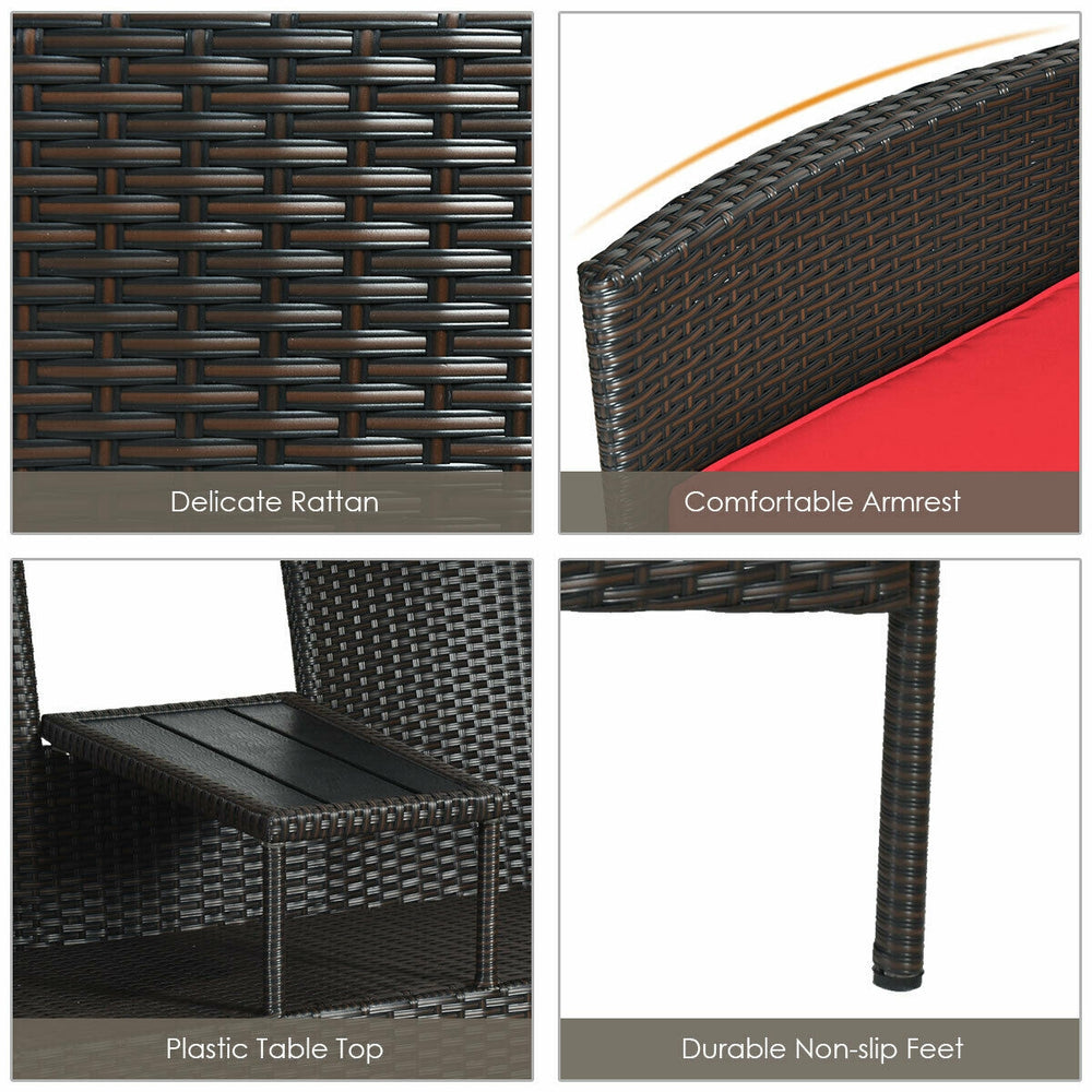 Close-up of delicate rattan texture and comfortable armrest of the Modern Patio Conversation Set with red cushions.