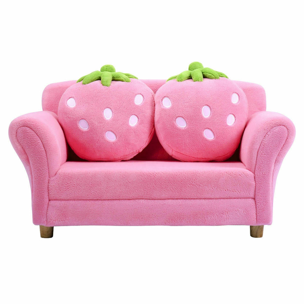Kids strawberry armrest sofa in pink with two cute strawberry pillows, perfect for children's entertainment and leisure.
