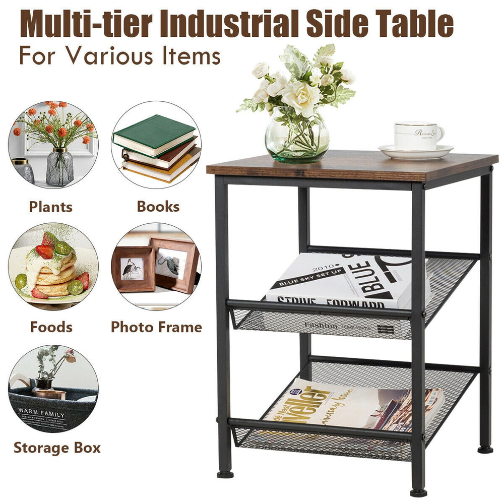 3-tier industrial side table with adjustable mesh shelves, sturdy steel frame, perfect for living room or bedroom.