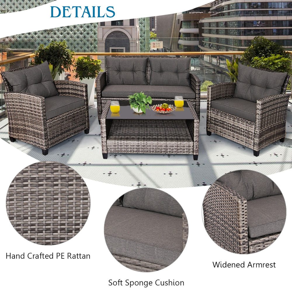 Cushioned loveseat and two single sofas in gray PE rattan, with a coffee table, ideal for outdoor relaxation.