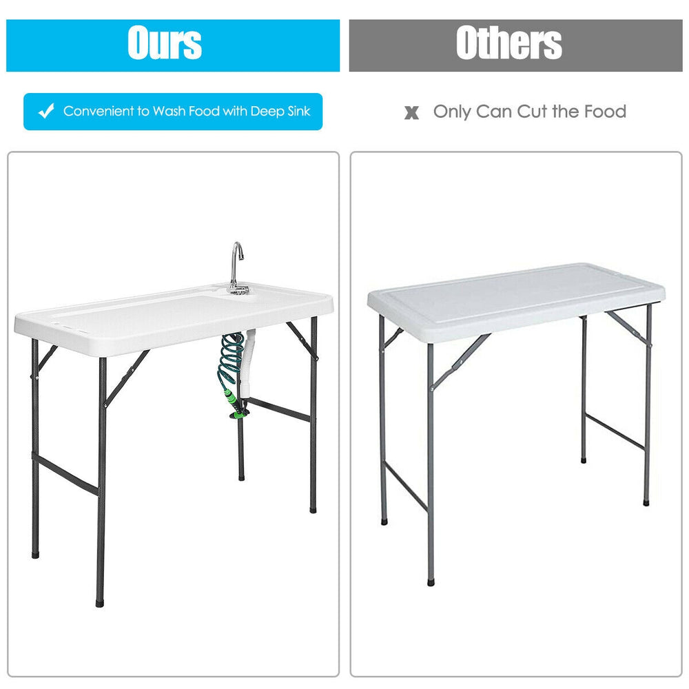 Folding cleaning sink table with sprayer, durable plastic, integrated drain, perfect for outdoor cleaning tasks.