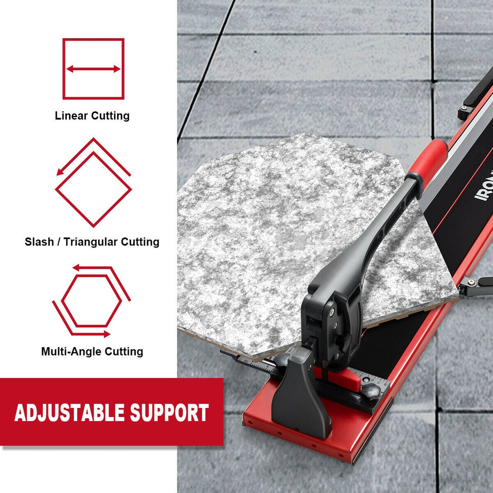 Manual tile cutter with adjustable support, sharp tungsten carbide blade, and ergonomic handle for precise cutting.