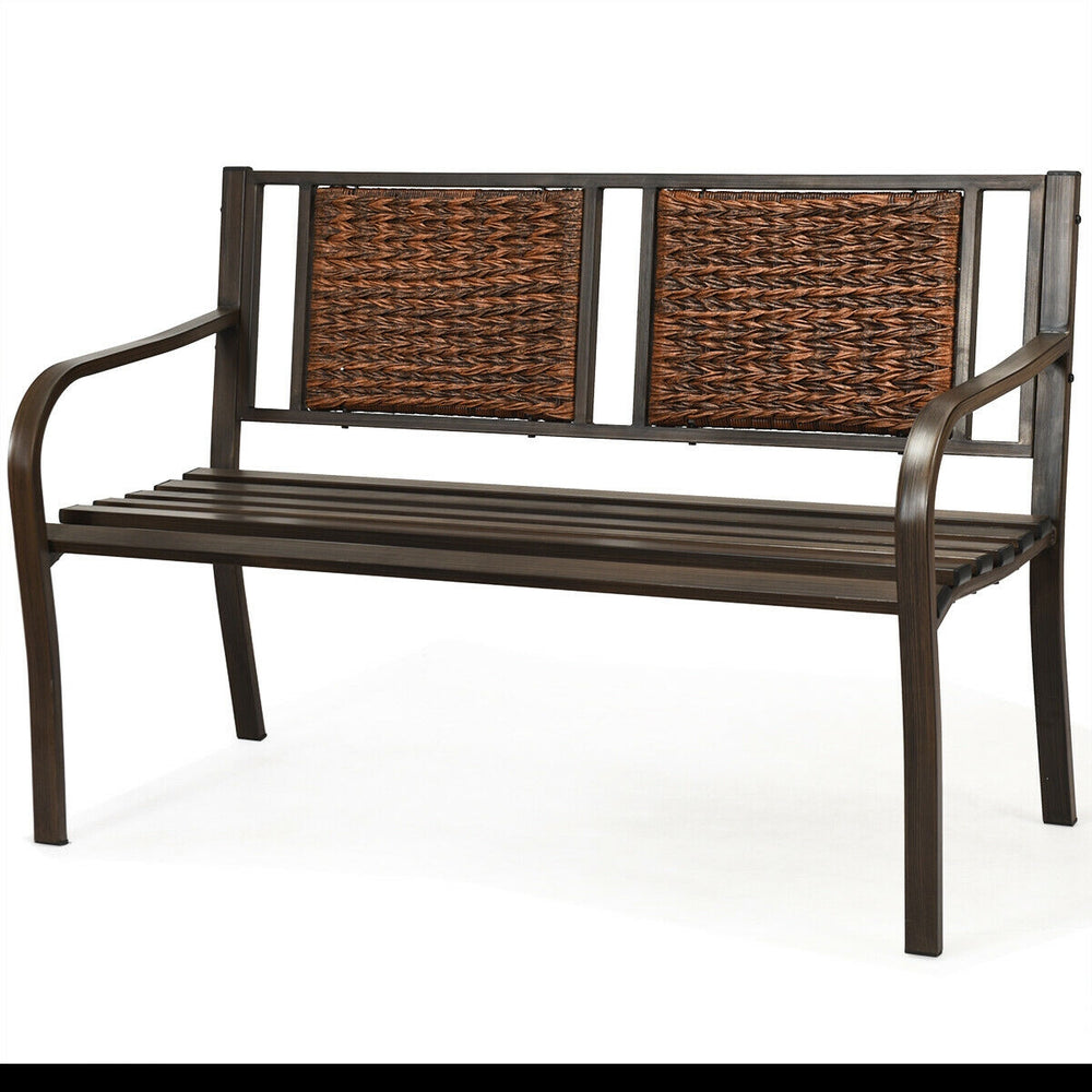 Patio garden bench with a classic design, featuring a sturdy steel frame and comfortable rattan backrest for outdoor.