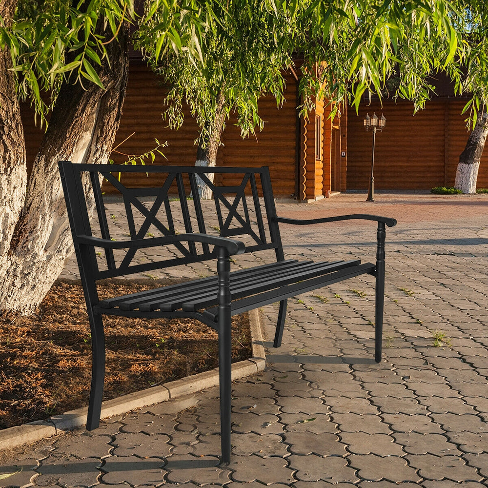 Patio garden bench with powder coated steel frame, spacious seat for 2-3 people, ideal for backyard or garden use.
