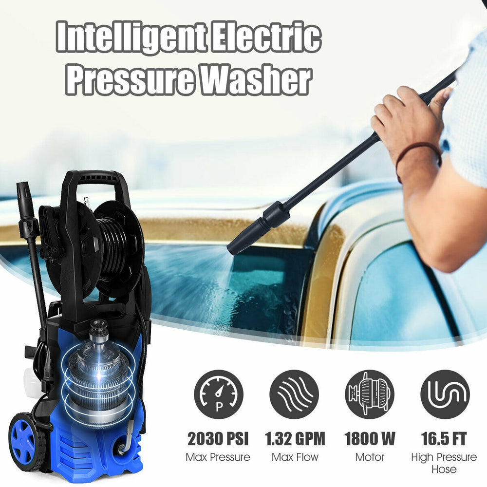 Electric pressure washer with 2030 PSI, 1800W motor, and adjustable spray wand for versatile cleaning tasks.