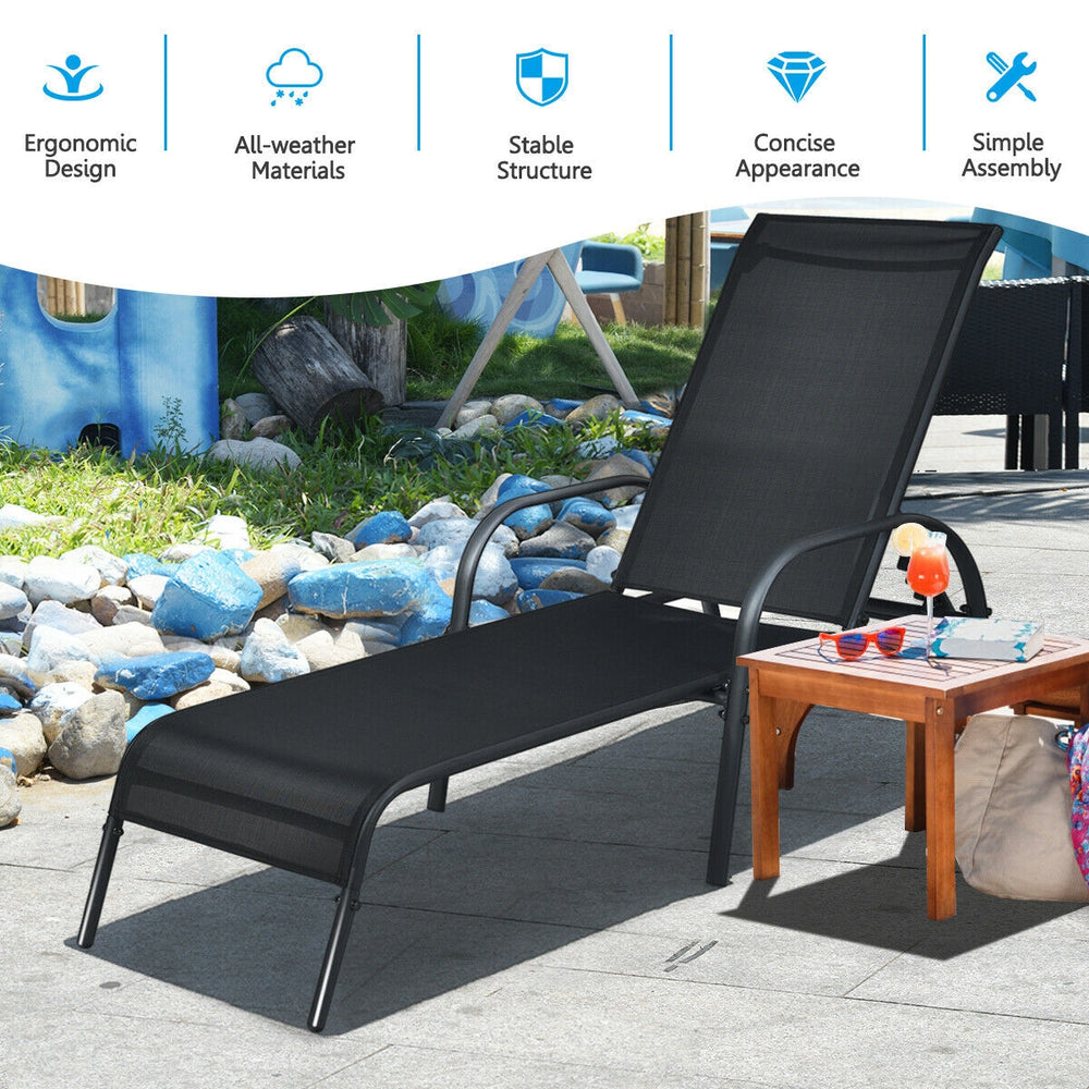 Black adjustable patio chaise lounge chair featuring a sturdy powder-coated steel frame, ideal for garden or balcony.