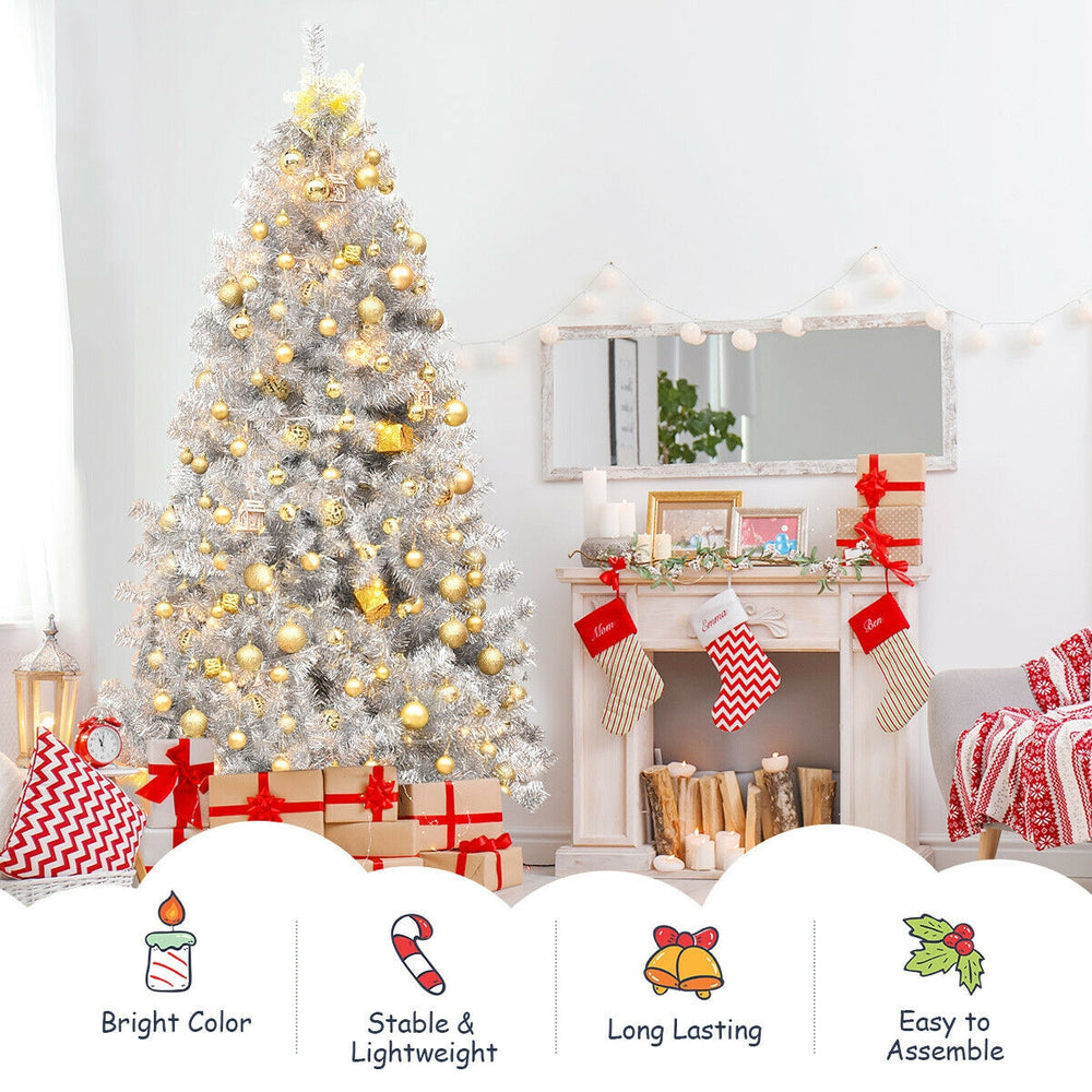 7.5 ft hinged artificial silver tinsel Christmas tree with 1258 branch tips, perfect for festive indoor and outdoor.