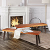 Acacia wood dining benches with steel legs, showcasing a natural finish, perfect for outdoor or indoor use.