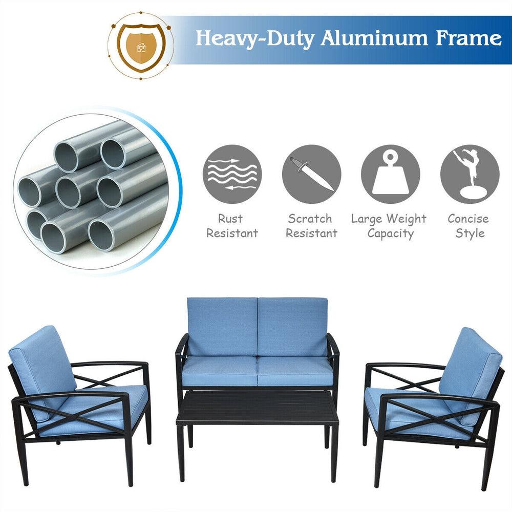 Patio furniture set featuring a cushioned loveseat and two single sofas with a black aluminum frame, perfect for.