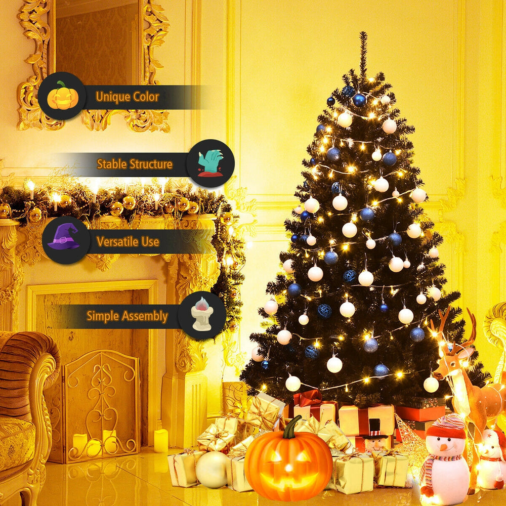 6 feet hinged artificial Halloween Christmas tree with black design, 1036 branch tips, perfect for indoor and outdoor.