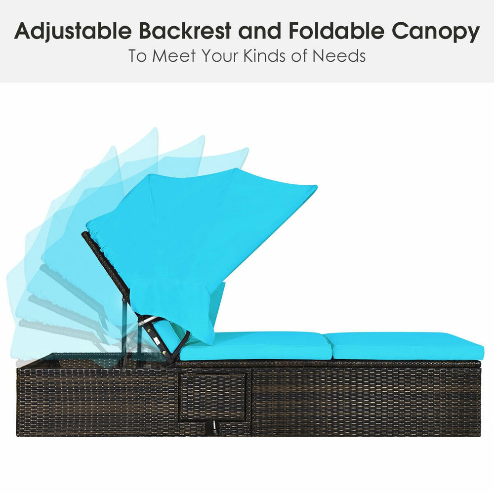 Turquoise outdoor chaise lounge chair with adjustable backrest and folding canopy, made of weather-resistant PE rattan.