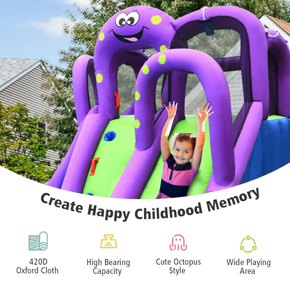 Inflatable water park featuring a cute octopus design, large splashing pool, and super tall slide for backyard fun.
