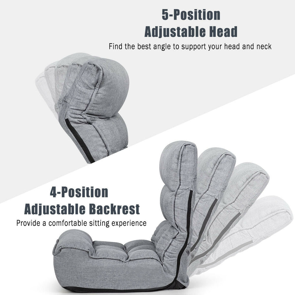 Adjustable floor chair in gray with 5-position headrest and 4-position backrest for versatile comfort while relaxing.