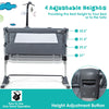 Height adjustable baby side crib in dark gray with music box and toys, perfect for bedside care and co-sleeping.