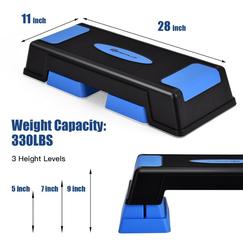 Adjustable aerobic stepper trainer in blue, featuring 3 height levels (5", 7", 9") for versatile workouts and stability.
