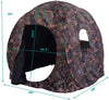 Portable pop-up ground camo blind with dimensions shown, featuring a durable design for 2-3 person hunting use.