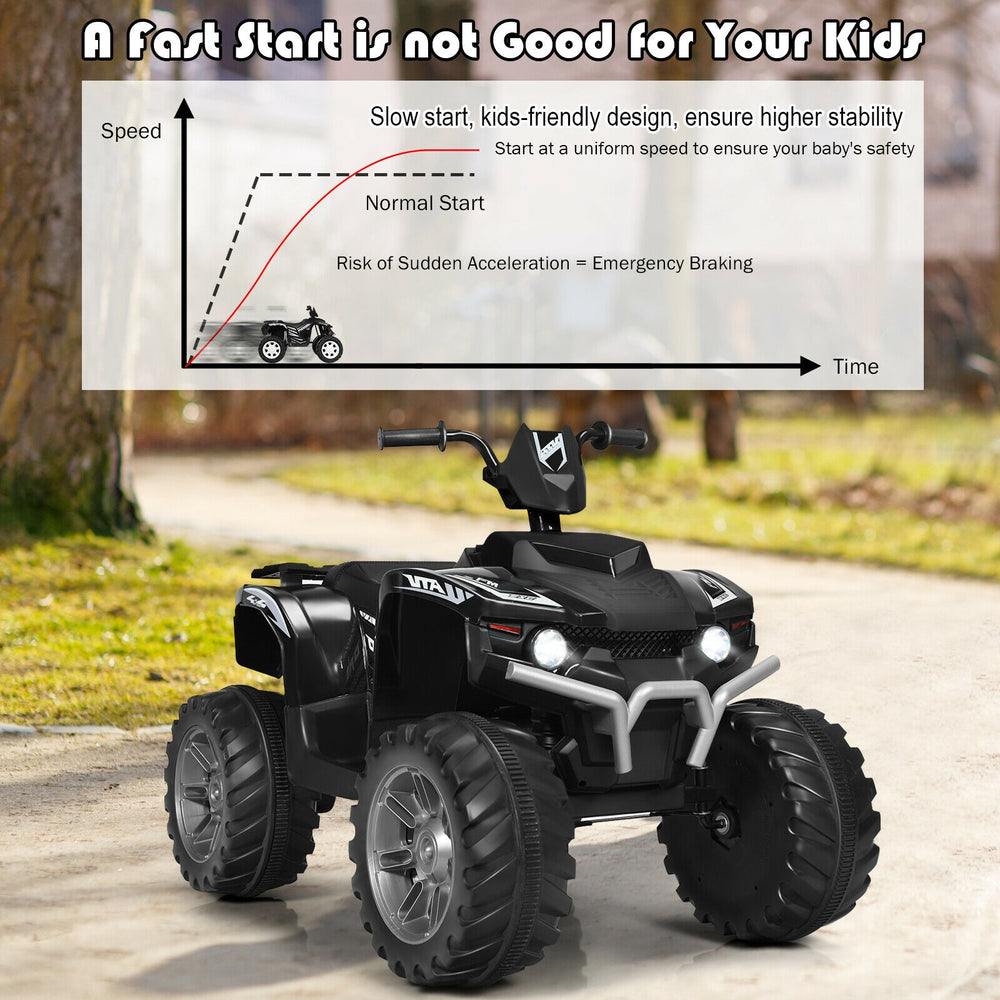 Black 12V kids ride-on ATV with LED lights, treaded tires, and slow start technology for safe driving fun.