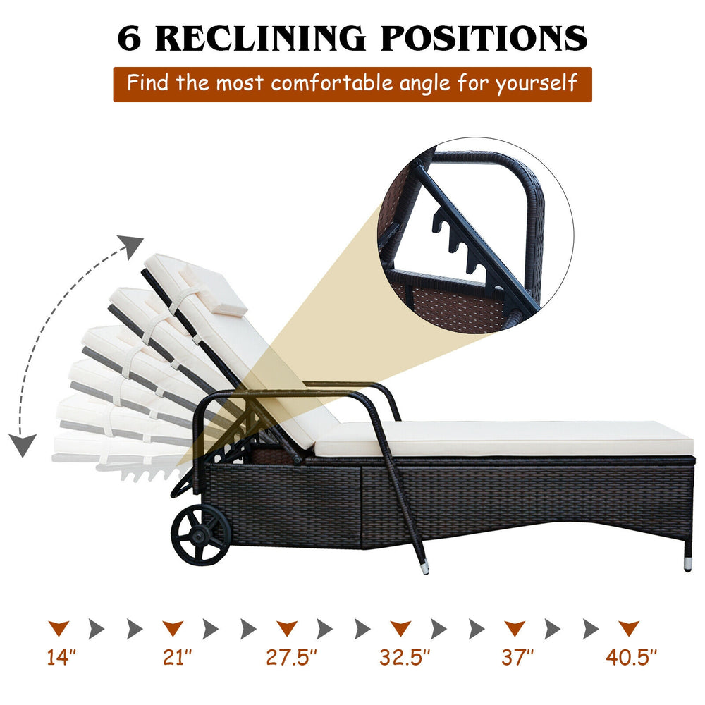 Adjustable outdoor chaise lounge with 6 reclining positions, weather-resistant PE rattan, ideal for patio or poolside.