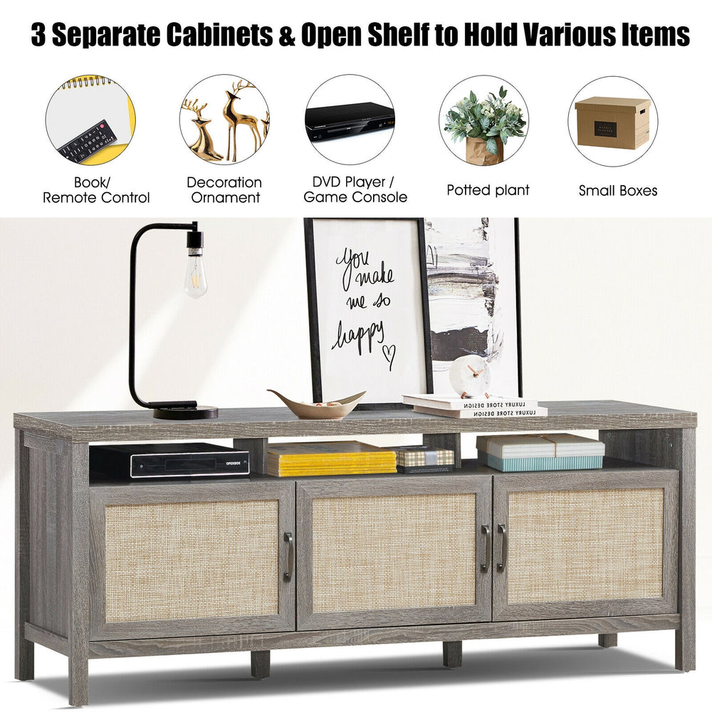 Gray universal TV stand with adjustable shelves and solid wood legs, designed for TVs up to 65 inches, offering classic.