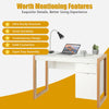Modern white computer desk with large drawer and cabinet, ideal for study or work, featuring a sturdy structure and.